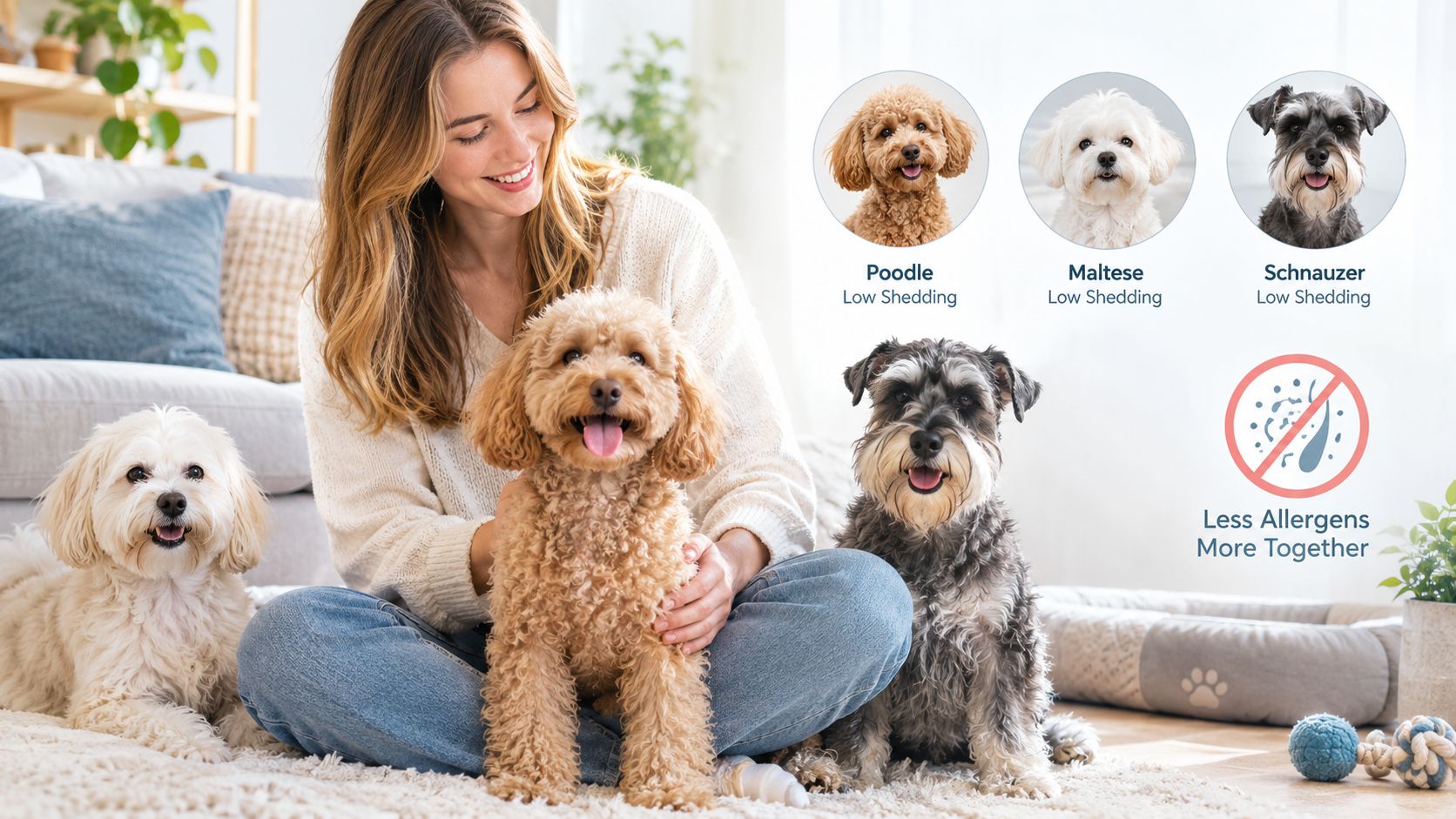 A happy woman sitting on a rug with three different low-shedding dog breeds in her living room.