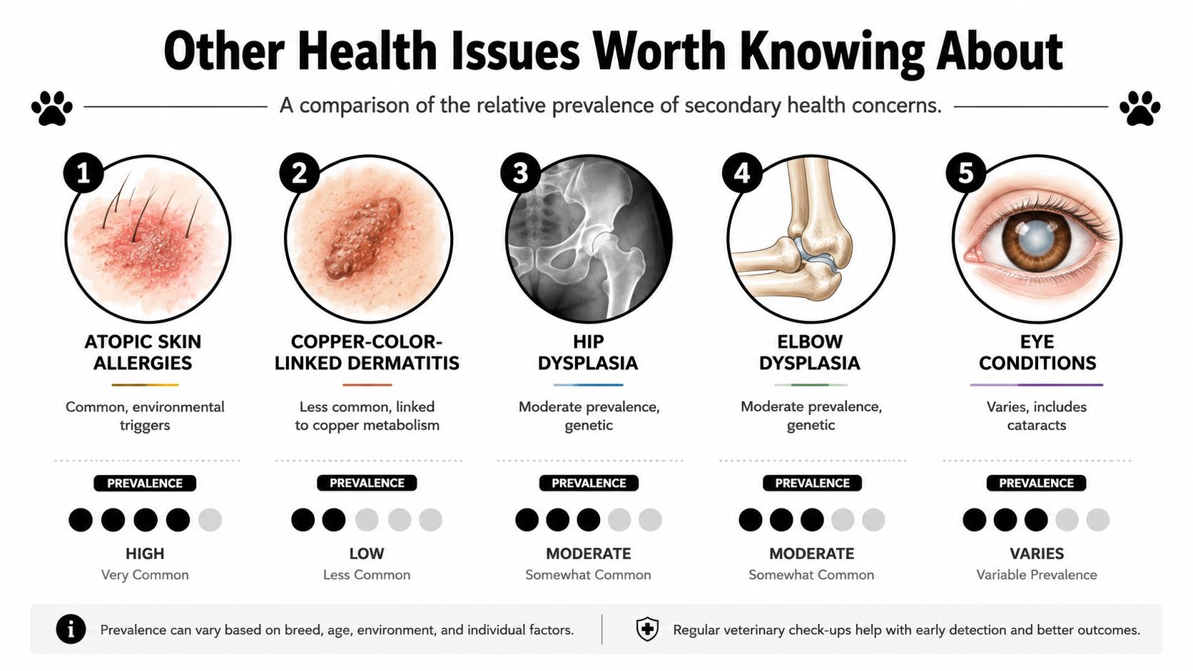 An infographic showing five common health issues in dogs with their associated prevalence levels and descriptions.