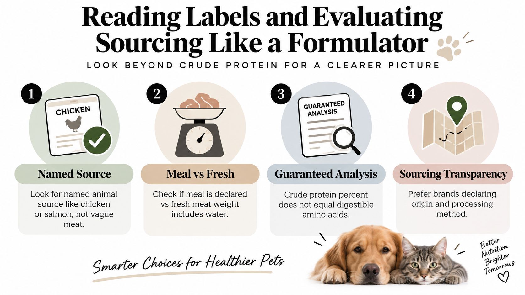 An infographic showing four steps for evaluating pet food labels for high quality animal protein ingredients.