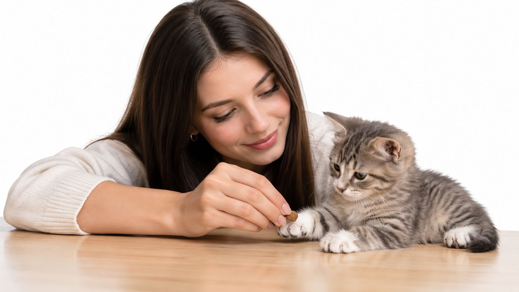 A young woman smiling while giving a tasty treat to an adorable gray tabby kitten on a table.