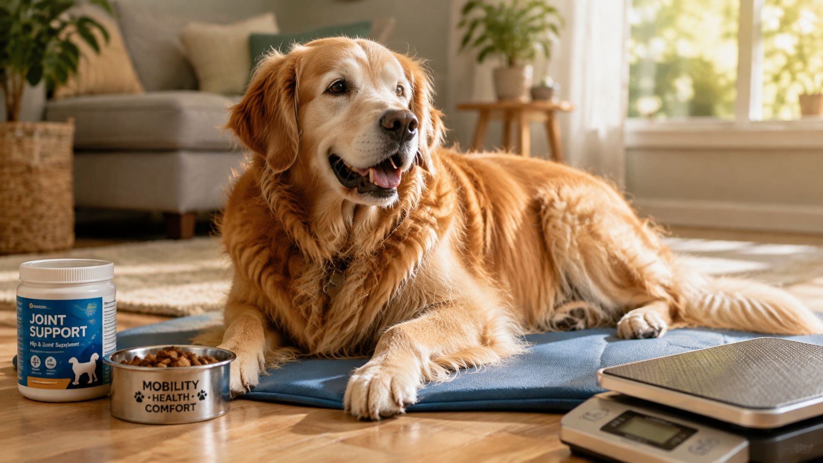 A happy senior golden retriever dog resting on a mat with joint support supplements and a scale.