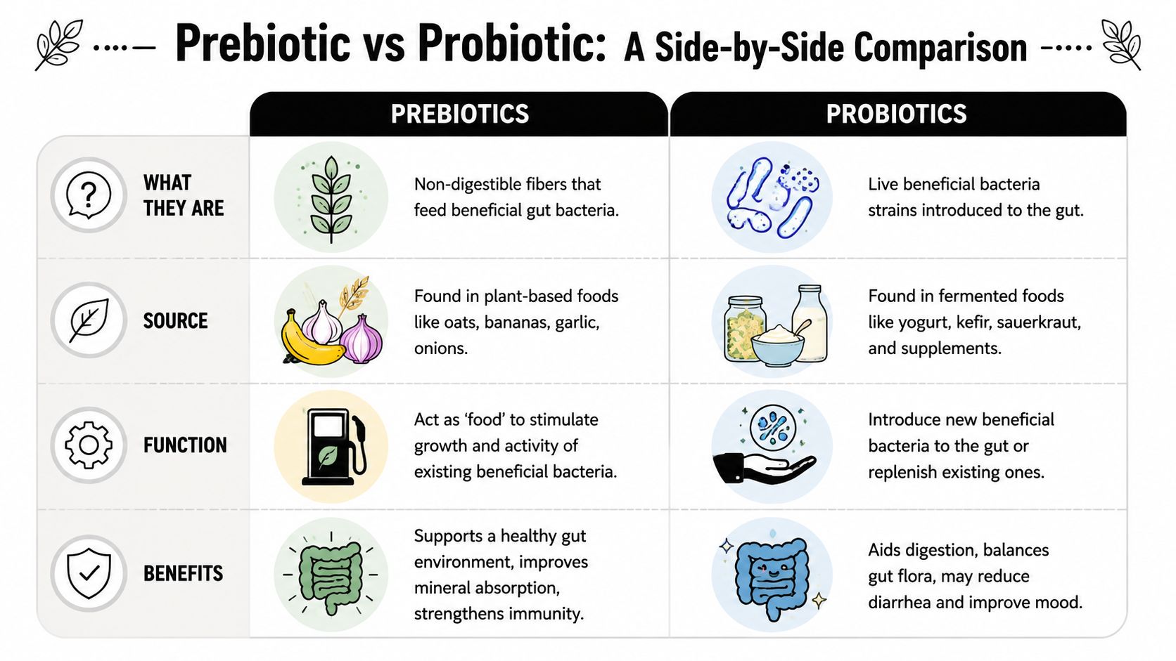 A comparison chart explaining the differences between prebiotics and probiotics regarding their definition, sources, functions, and benefits.