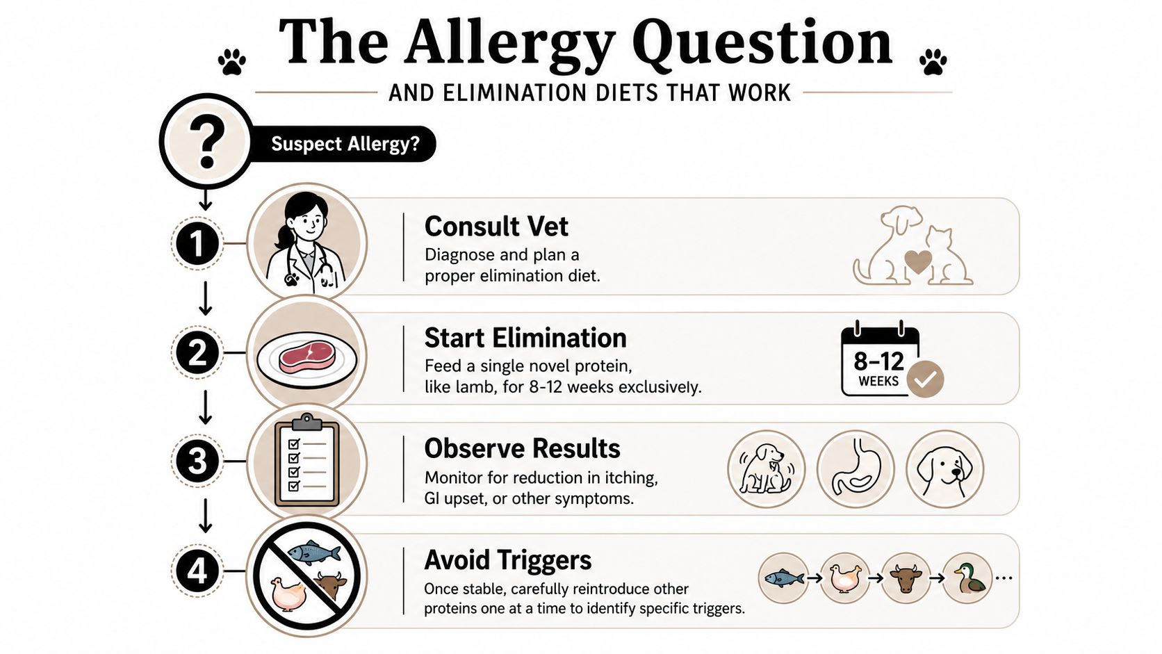 A four-step infographic explaining the process of conducting an elimination diet for pets with allergies.