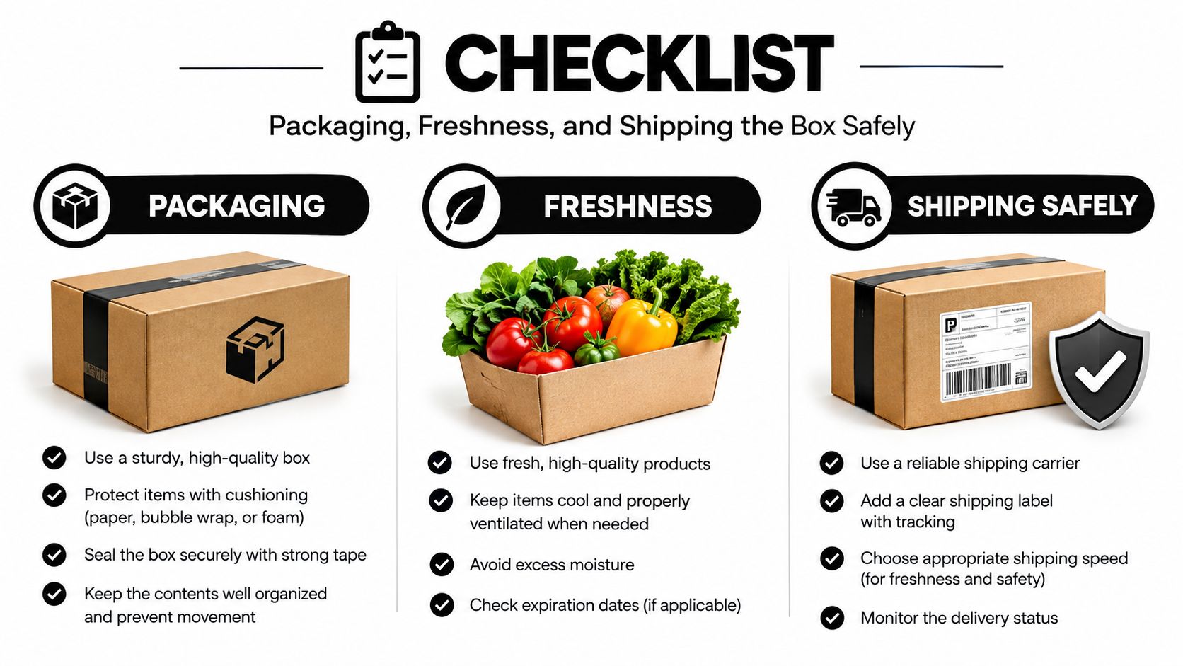 A checklist infographic illustrating tips for packaging, freshness, and shipping perishable food items in boxes safely.