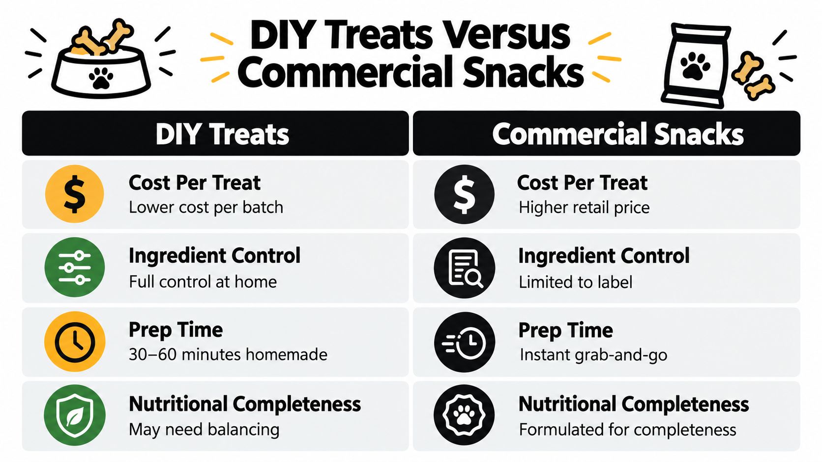 A comparison chart highlighting the benefits and drawbacks of DIY pet treats versus store-bought commercial snacks.