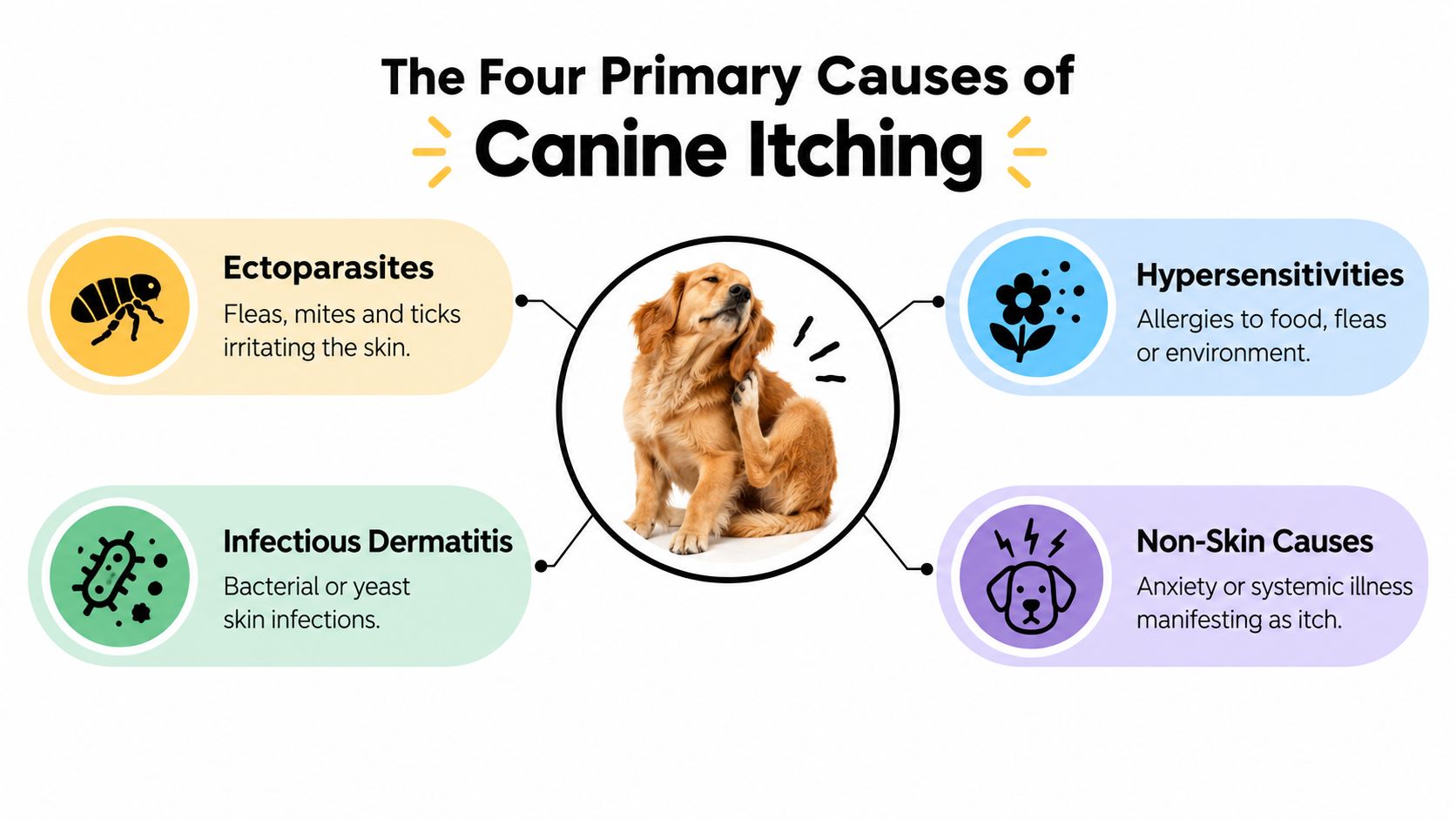 A diagram illustrating the four primary causes of canine itching including ectoparasites, hypersensitivities, infectious dermatitis, and non-skin causes.