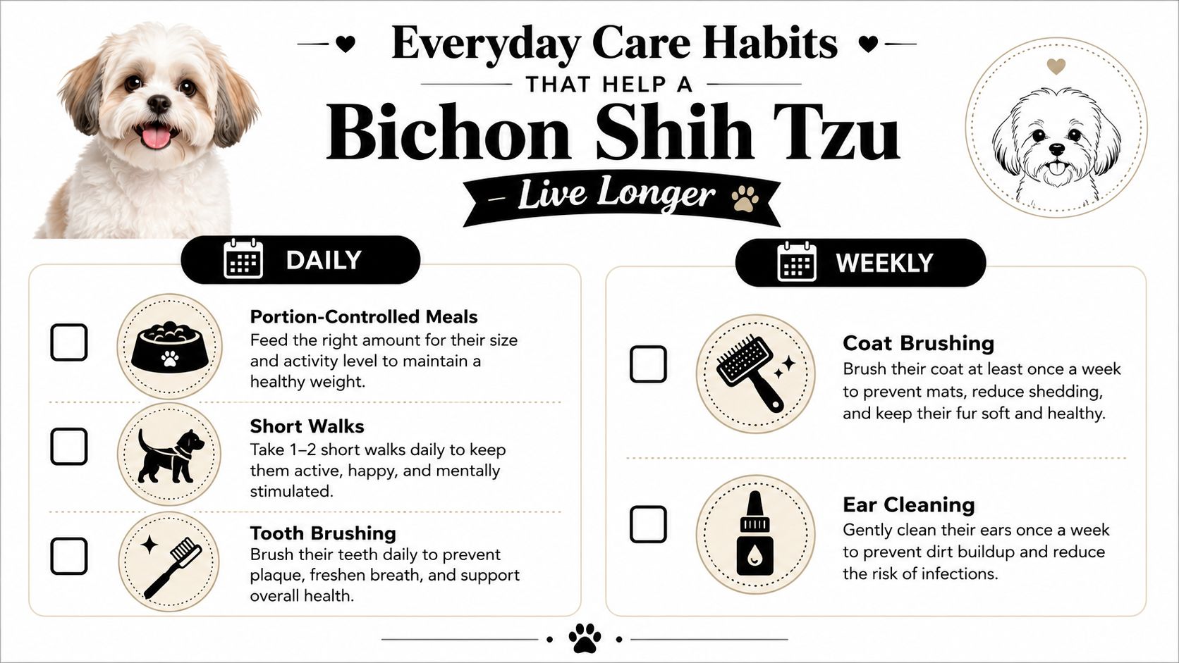 An infographic showing daily and weekly care habits for a healthy Bichon Shih Tzu dog.