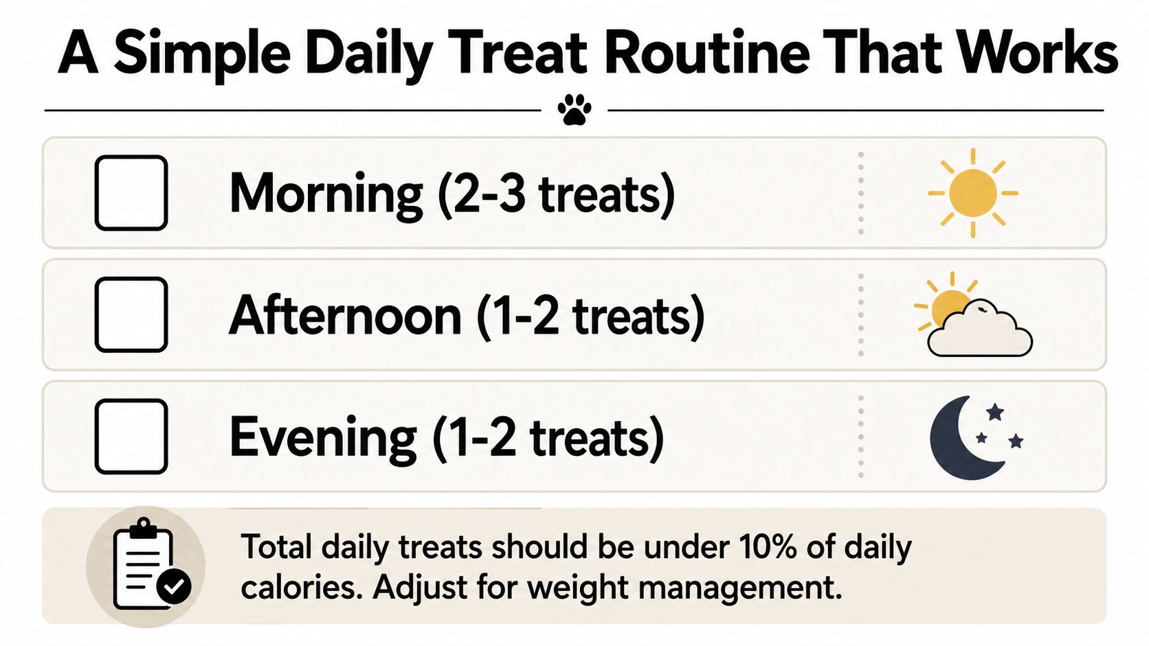A simple daily chart showing recommended treat quantities for pets throughout the morning, afternoon, and evening.