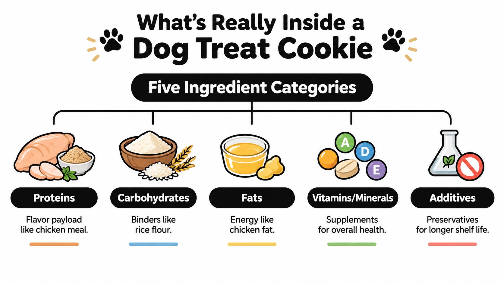 An infographic showing the five main ingredient categories found in typical dog treat cookies.