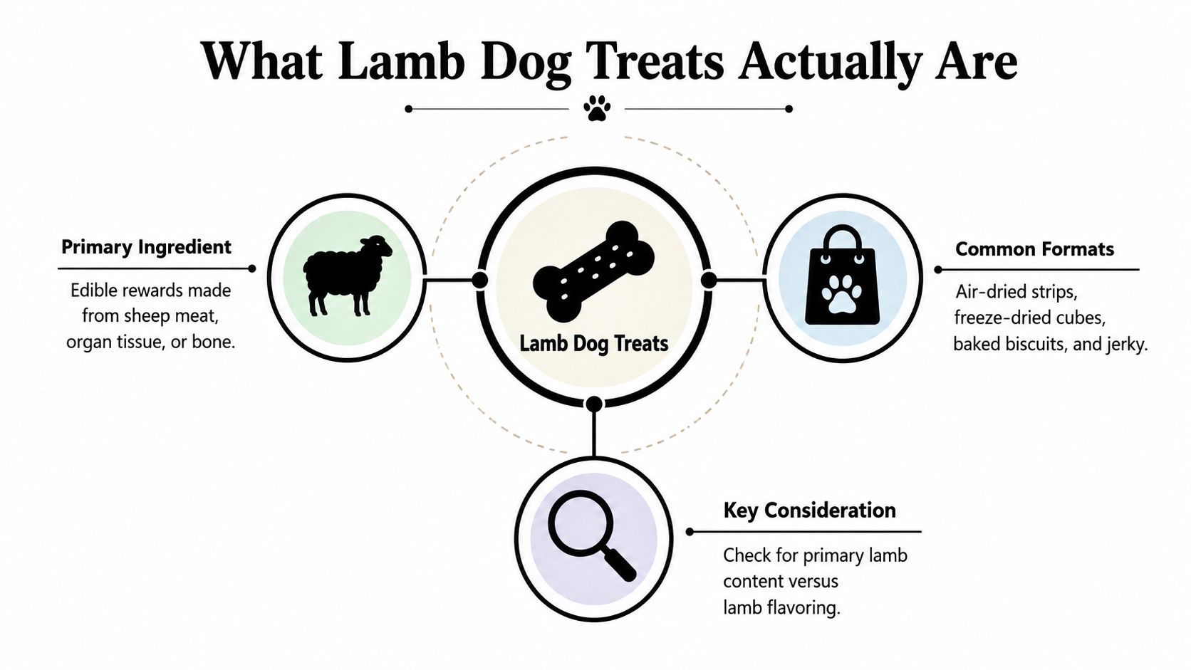 An infographic titled What Lamb Dog Treats Actually Are, illustrating ingredients, common formats, and key shopping considerations.