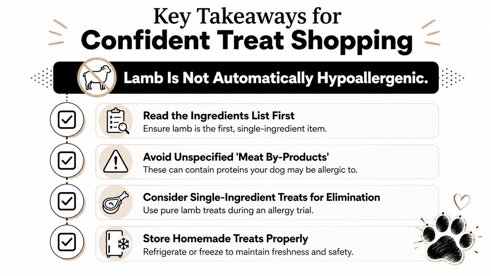An infographic titled Key Takeaways for Confident Treat Shopping with four tips about selecting lamb dog treats.