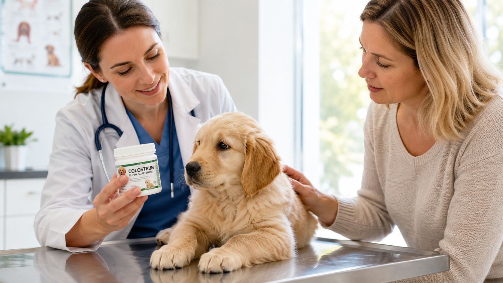 A veterinarian shows a bottle of colostrum puppy supplement to a pet owner and her golden retriever puppy.