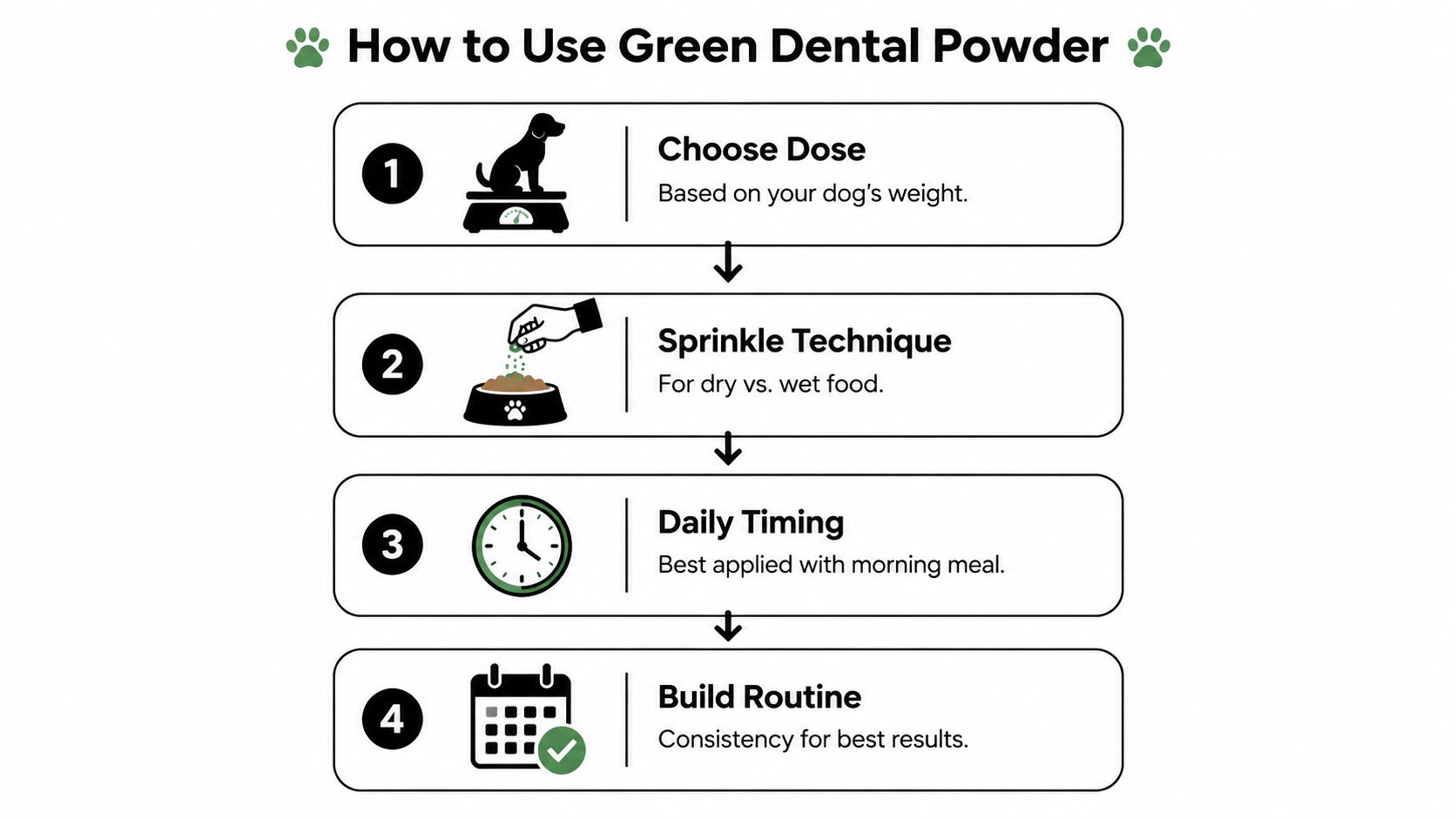 A four-step infographic explaining how to use green dental powder for dogs, emphasizing proper dosing and routine.