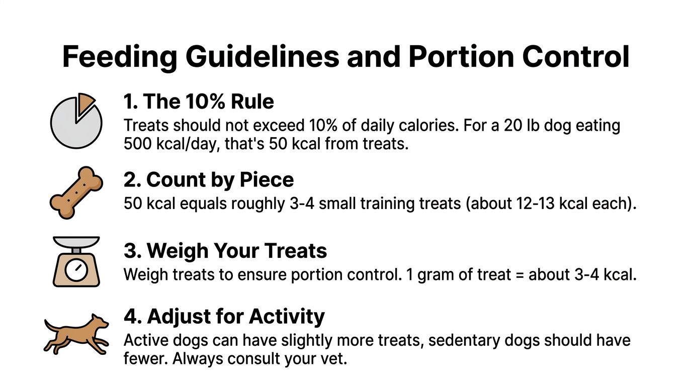 An infographic titled Feeding Guidelines and Portion Control for dogs, outlining four steps for treating pets.