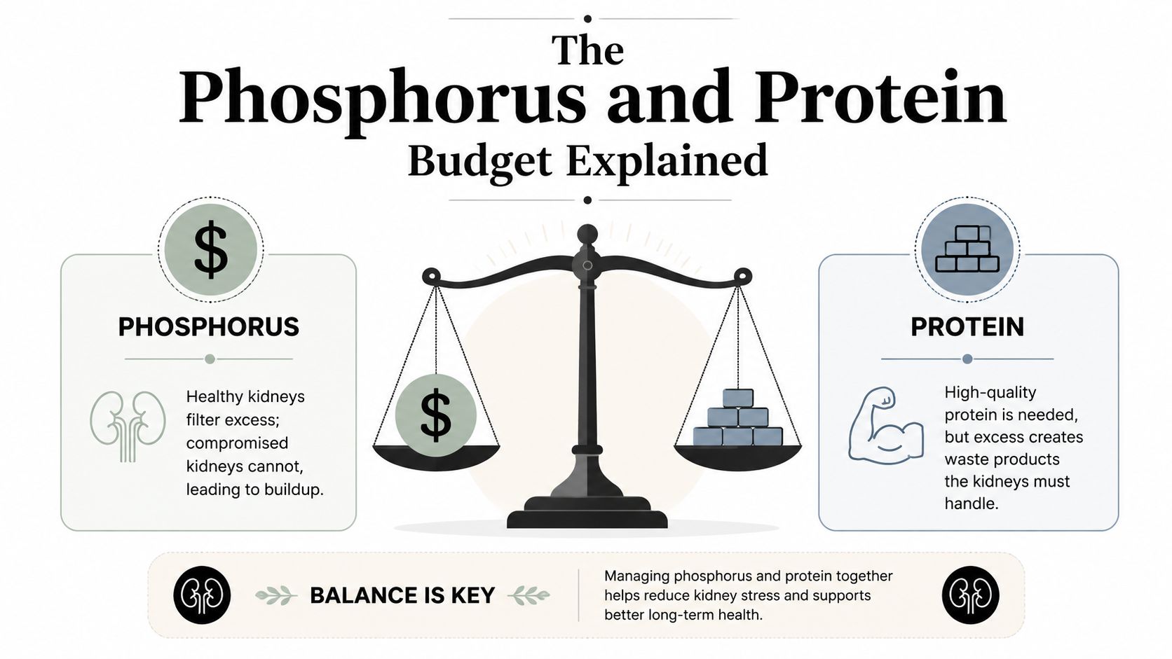 An infographic showing the balance between phosphorus and protein for kidney health in pets and humans.