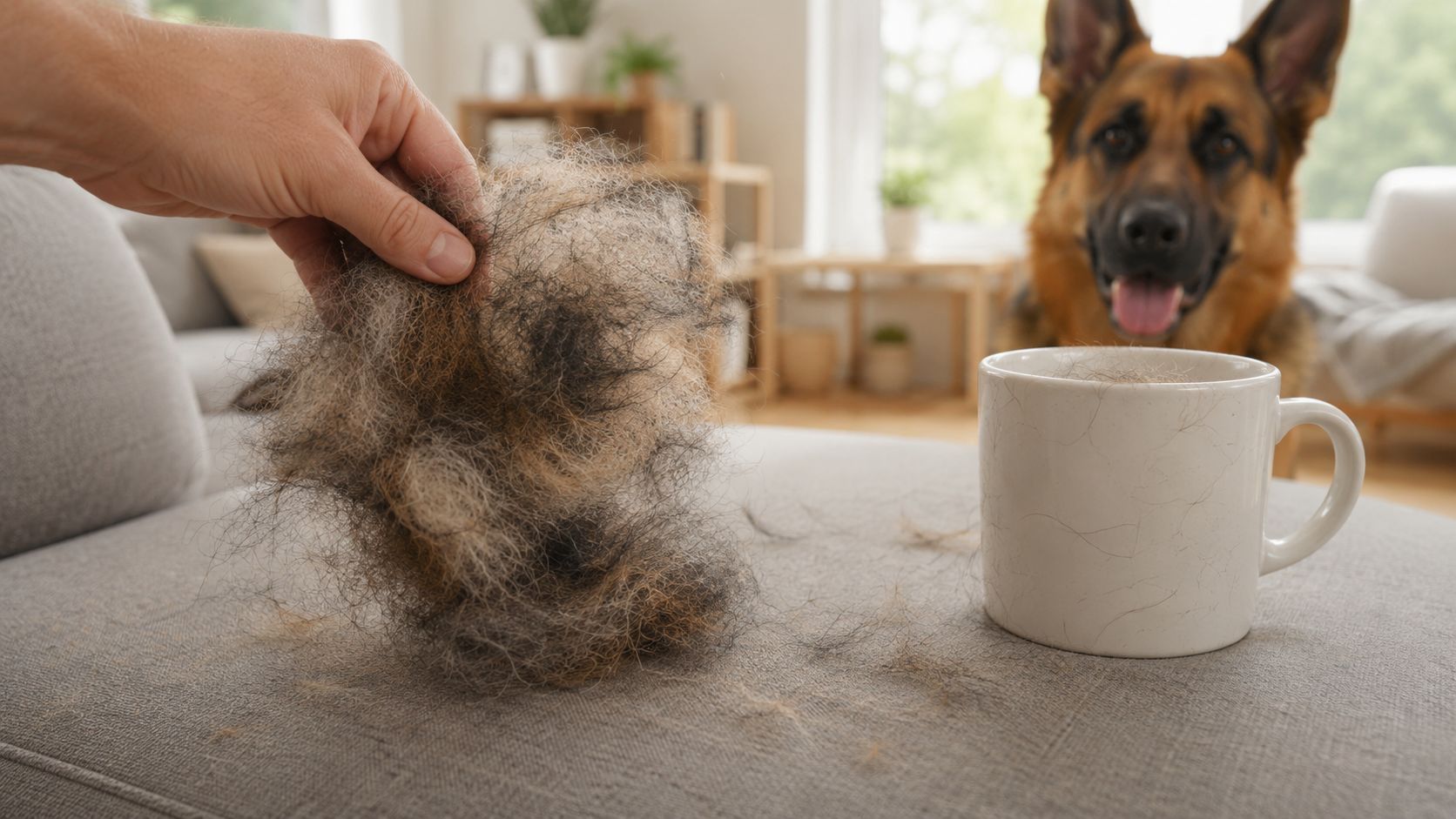 A person holding a large clump of shed German Shepherd fur next to a coffee mug.