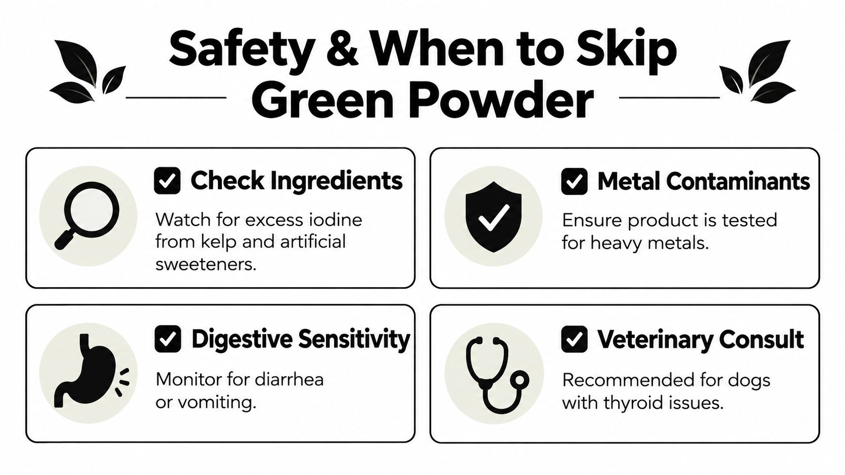 A safety infographic detailing when to skip green powder for dogs, covering ingredients, heavy metals, and digestion.