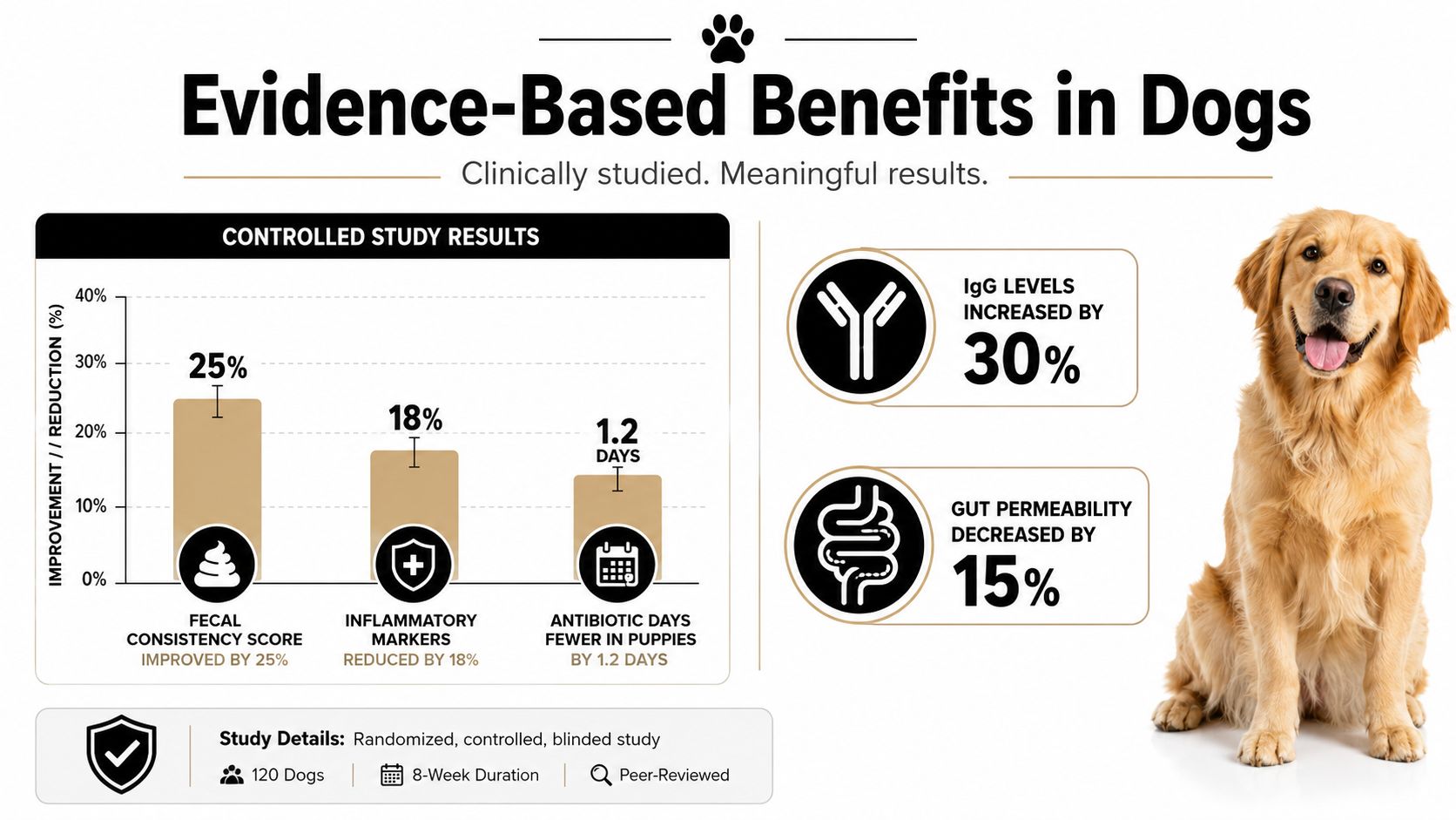 An infographic showing evidence-based clinical study results for a colostrum supplement improving dog health and immunity.