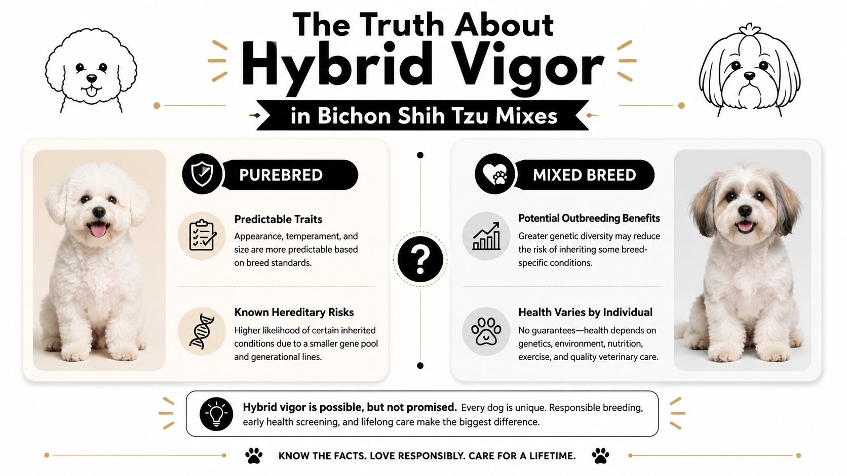 An infographic detailing the pros and cons of purebred versus hybrid Bichon Shih Tzu dog breeding.
