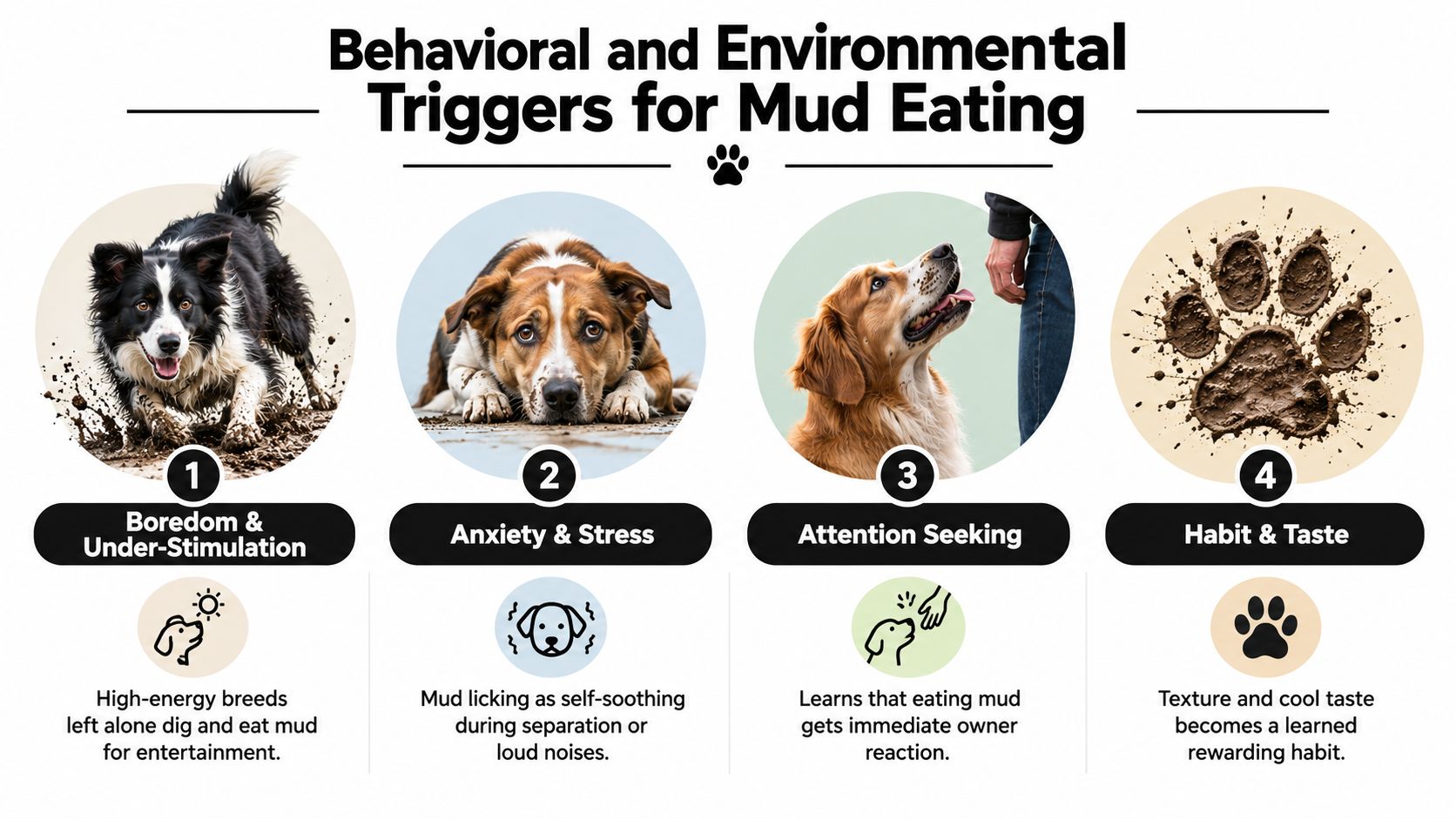 An infographic illustrating four behavioral and environmental triggers for mud eating in dogs, including boredom, stress, and habit.