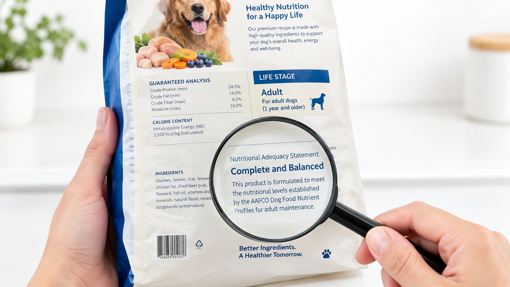 A close-up view of a person using a magnifying glass to read a dog food package label.