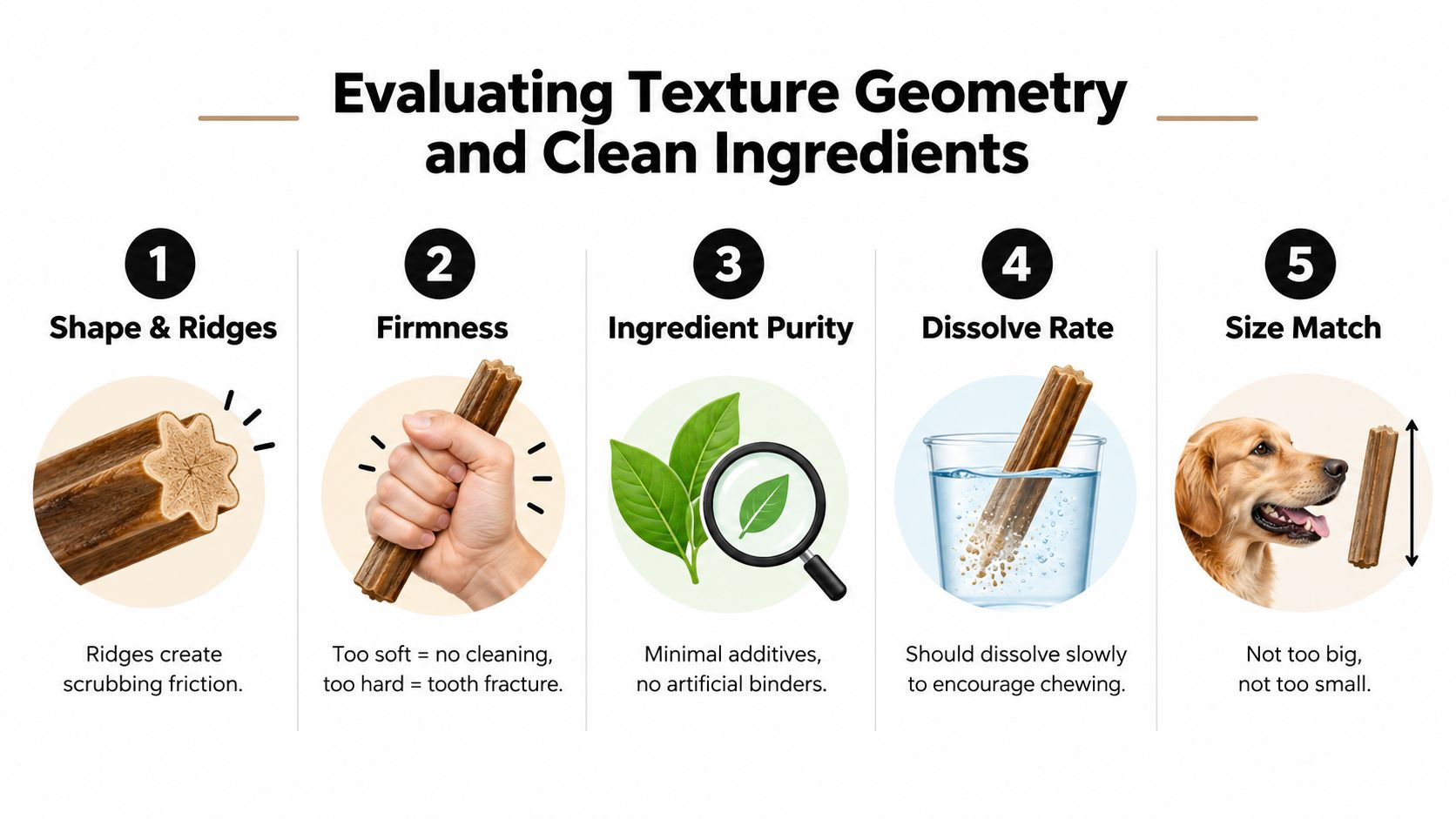 An infographic showing five key evaluation criteria for dog dental cleaning sticks to ensure oral health.
