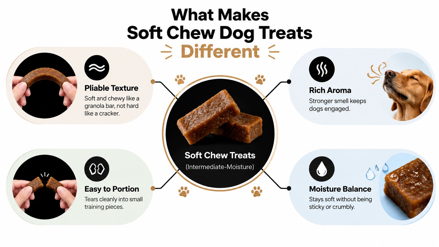 An infographic showing four key features of soft chew dog treats including texture, aroma, portioning, and moisture balance.