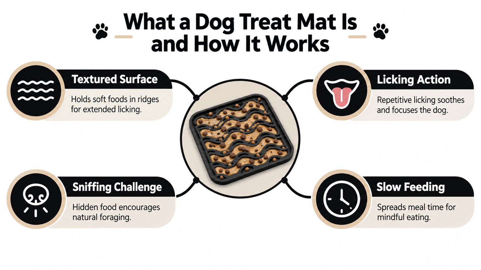 An infographic explaining how a dog treat mat works, highlighting textures, licking, sniffing, and slow feeding.