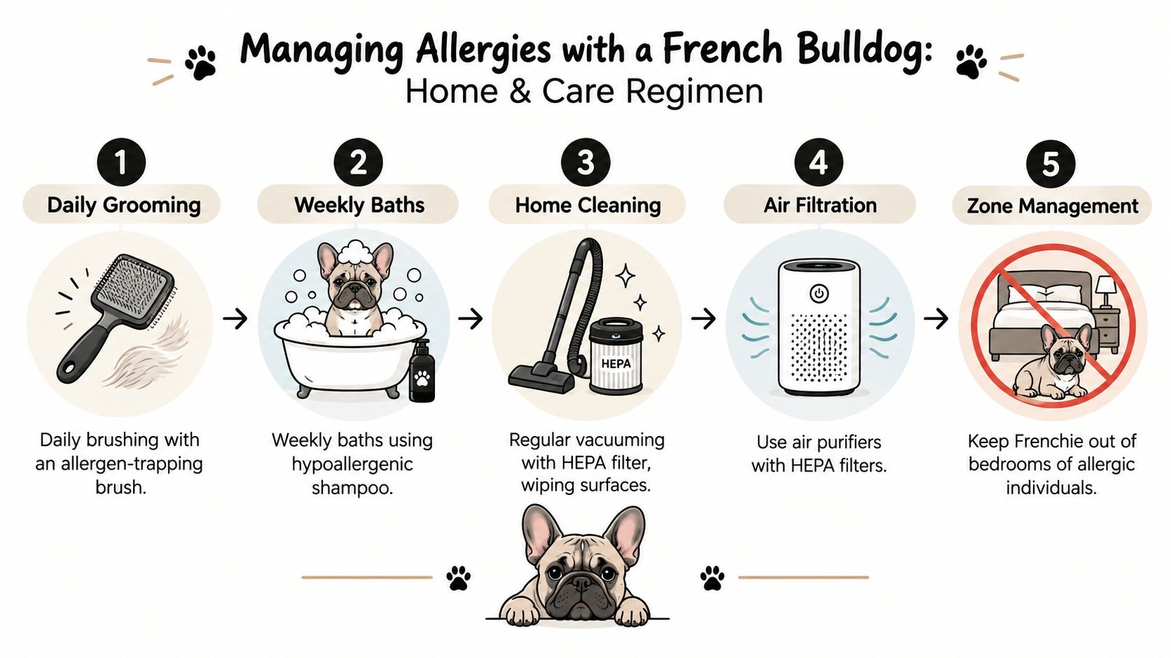 An infographic showing five steps for managing allergies while owning a French Bulldog in your home.
