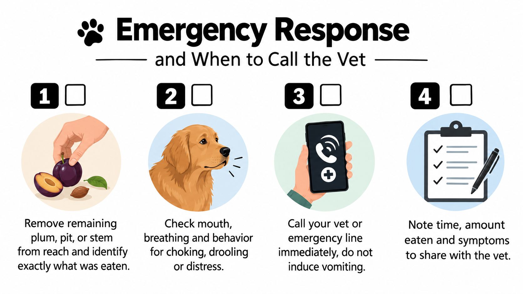A four-step infographic illustrating emergency response procedures if a dog accidentally consumes a plum.