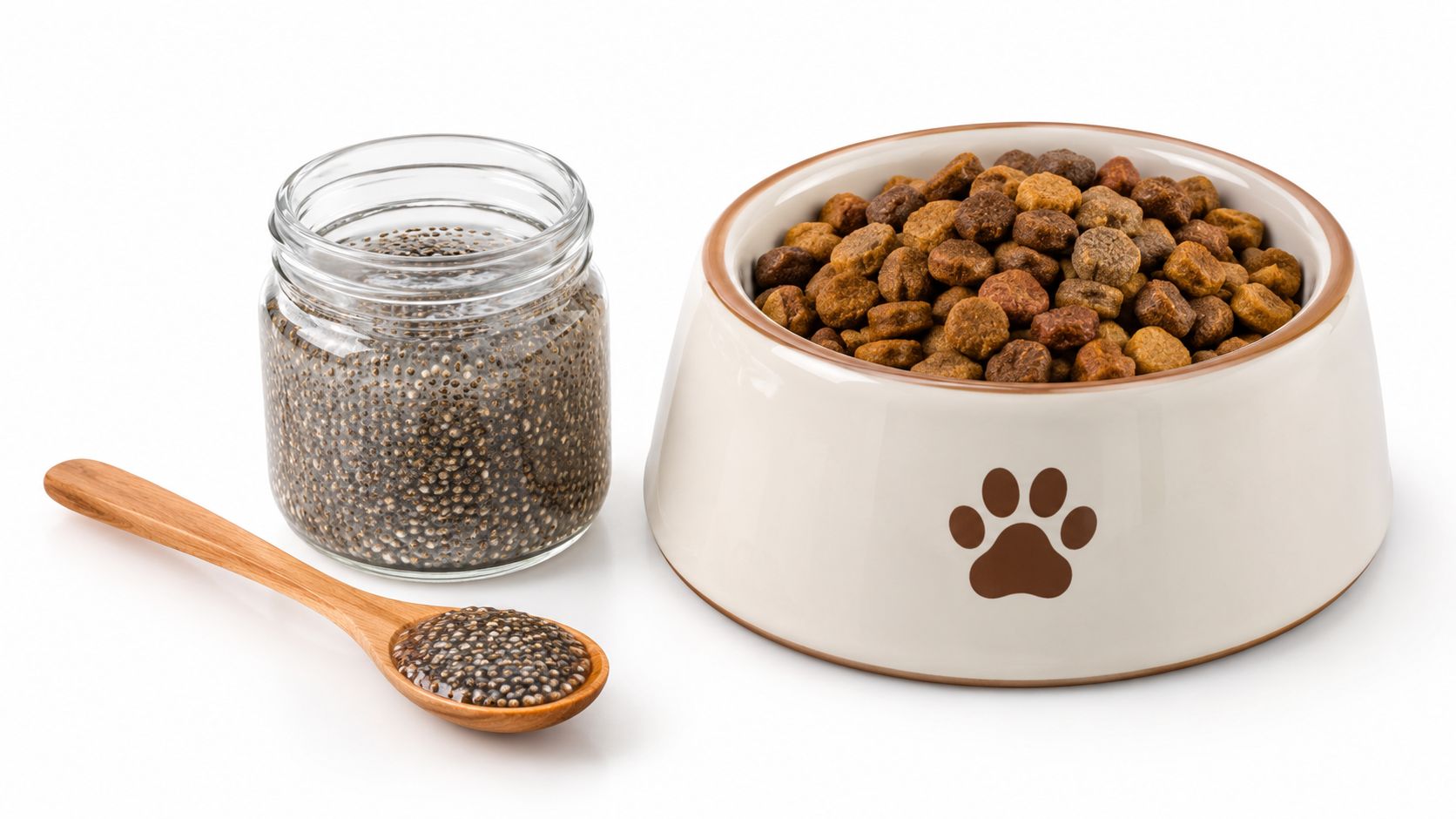 A jar of hydrated chia seed gel beside a dog bowl filled with wholesome food on a kitchen counter.
