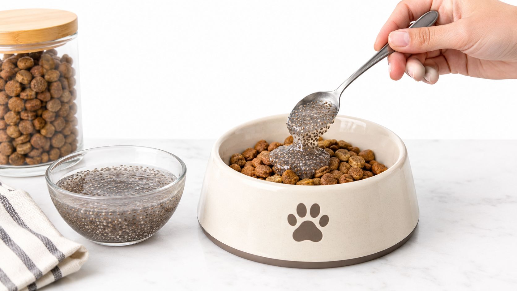 A person measuring a small spoonful of soaked chia seed gel into a ceramic dog food bowl.
