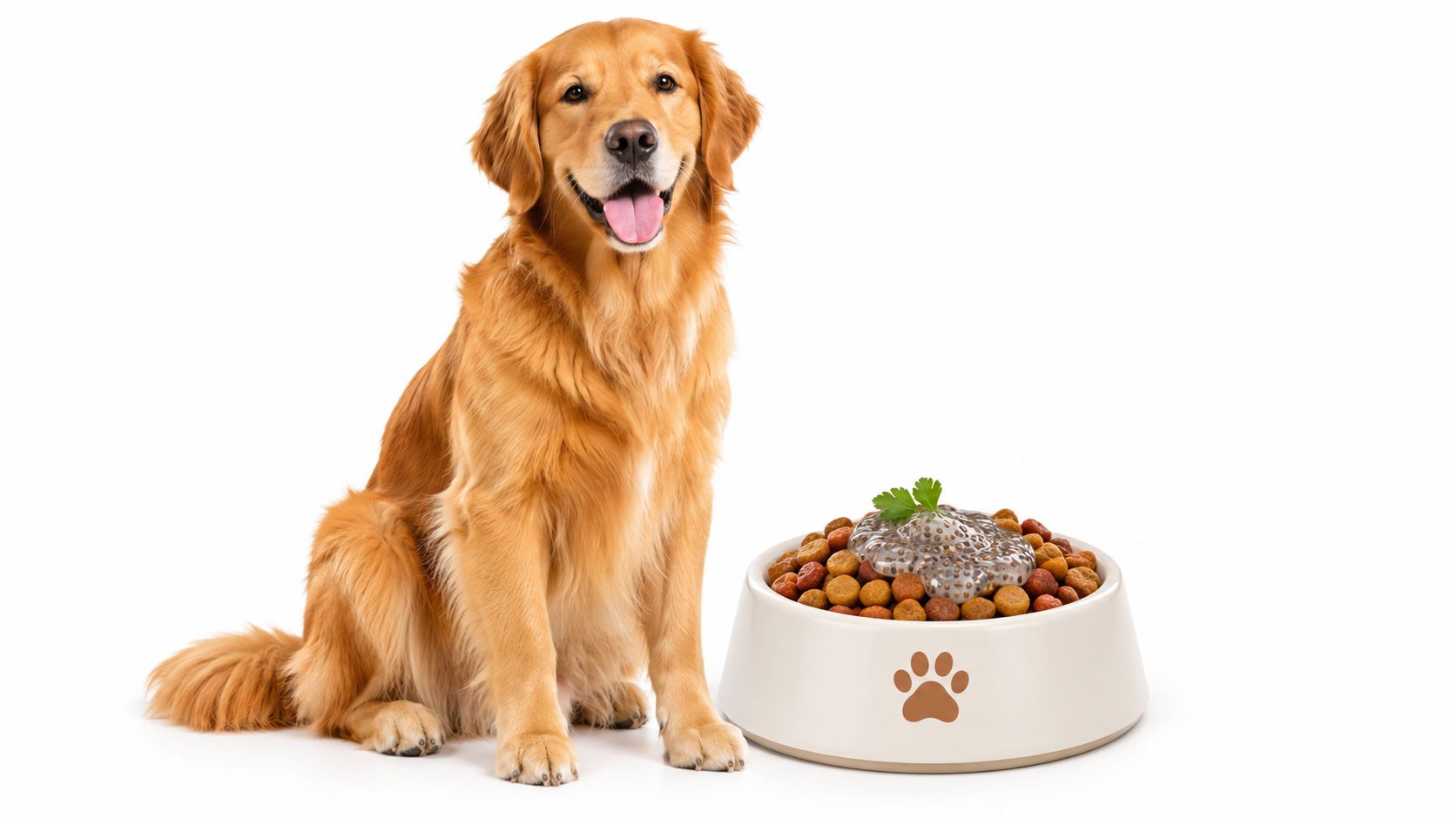 Healthy dog with a shiny coat sitting next to dog food topped with soaked chia seeds