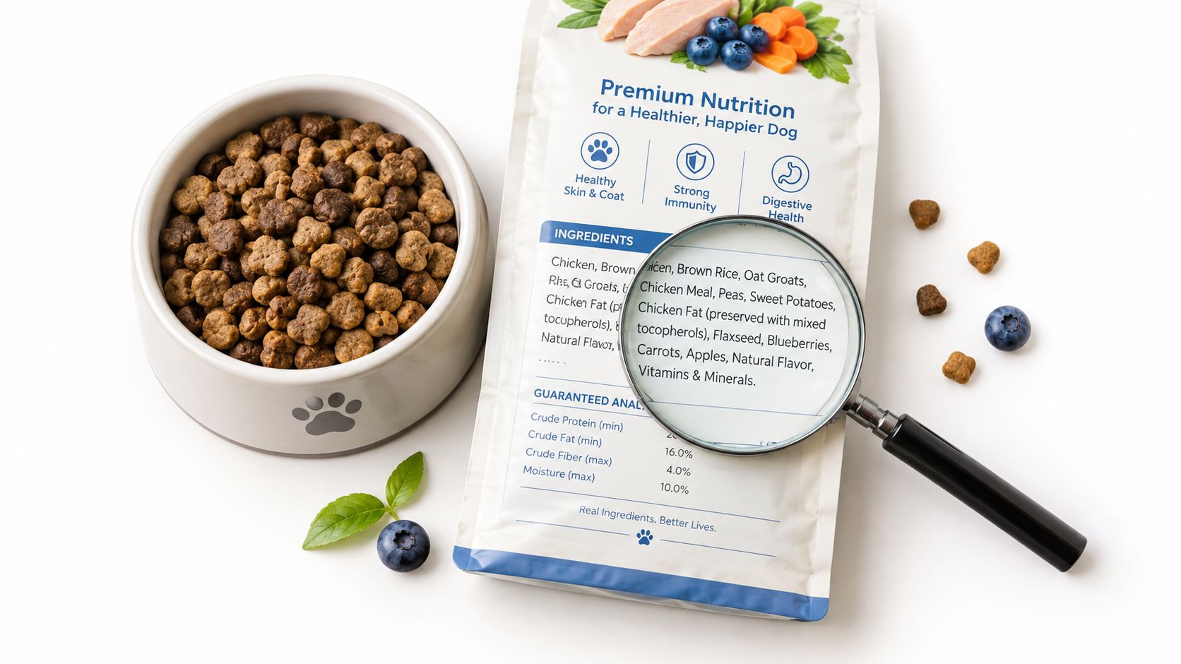 A dog food bag with an ingredient list magnified next to a bowl of dry dog food.