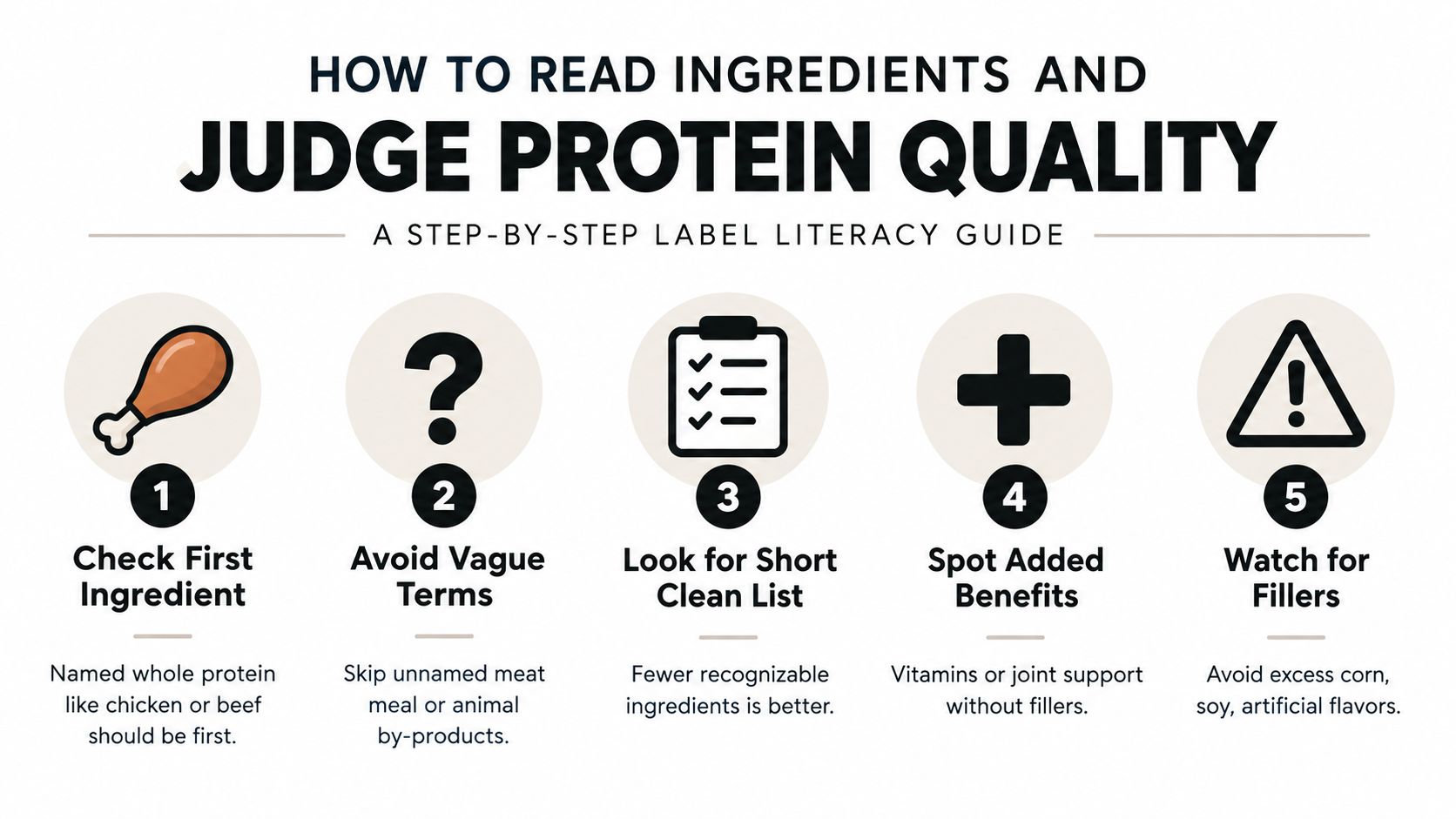 An infographic titled how to read ingredients and judge protein quality for pet food labels.