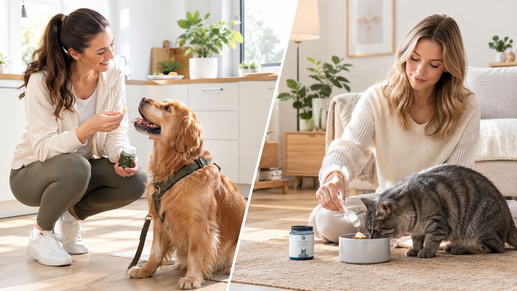 A woman feeding a dog and another woman adding a supplement powder to a cat food bowl.