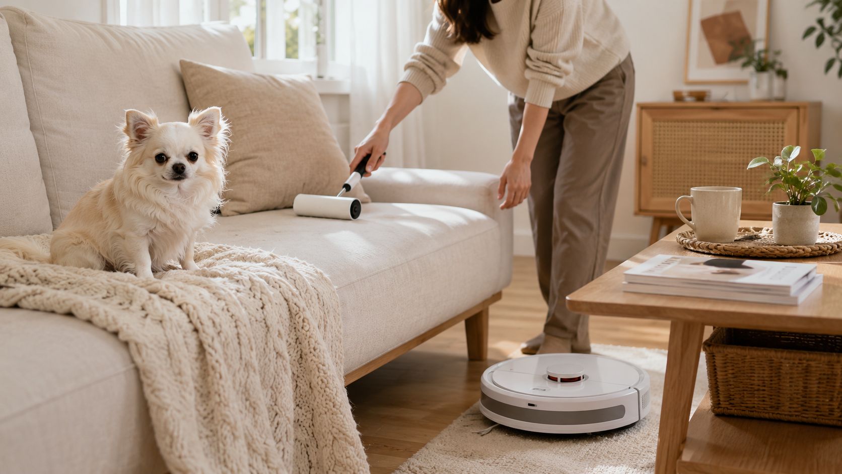 A long-haired chihuahua sitting on a beige sofa while a person cleans with a lint roller.