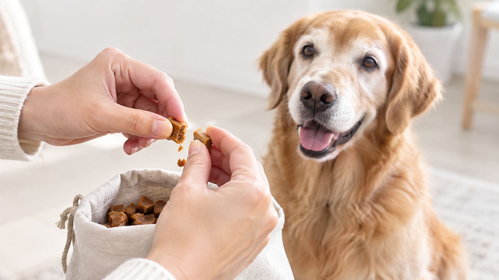 A person holding a soft chew dog treat while their golden retriever waits eagerly in the background