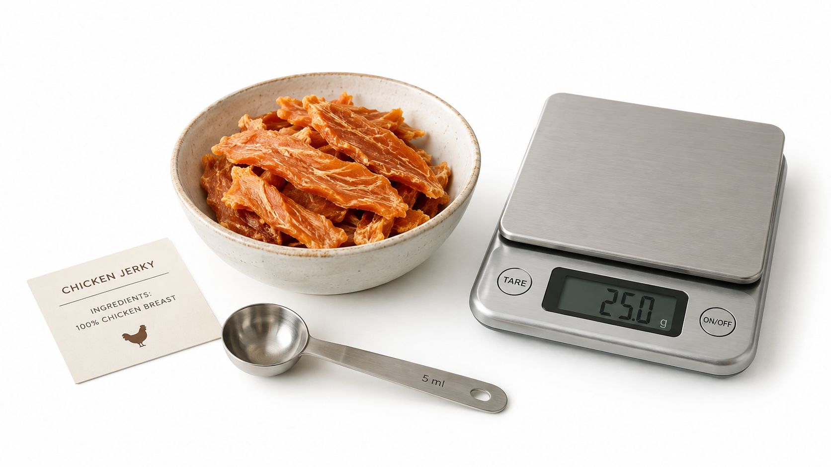 A ceramic bowl filled with dried chicken jerky, a metal measuring spoon, and a digital scale on white.