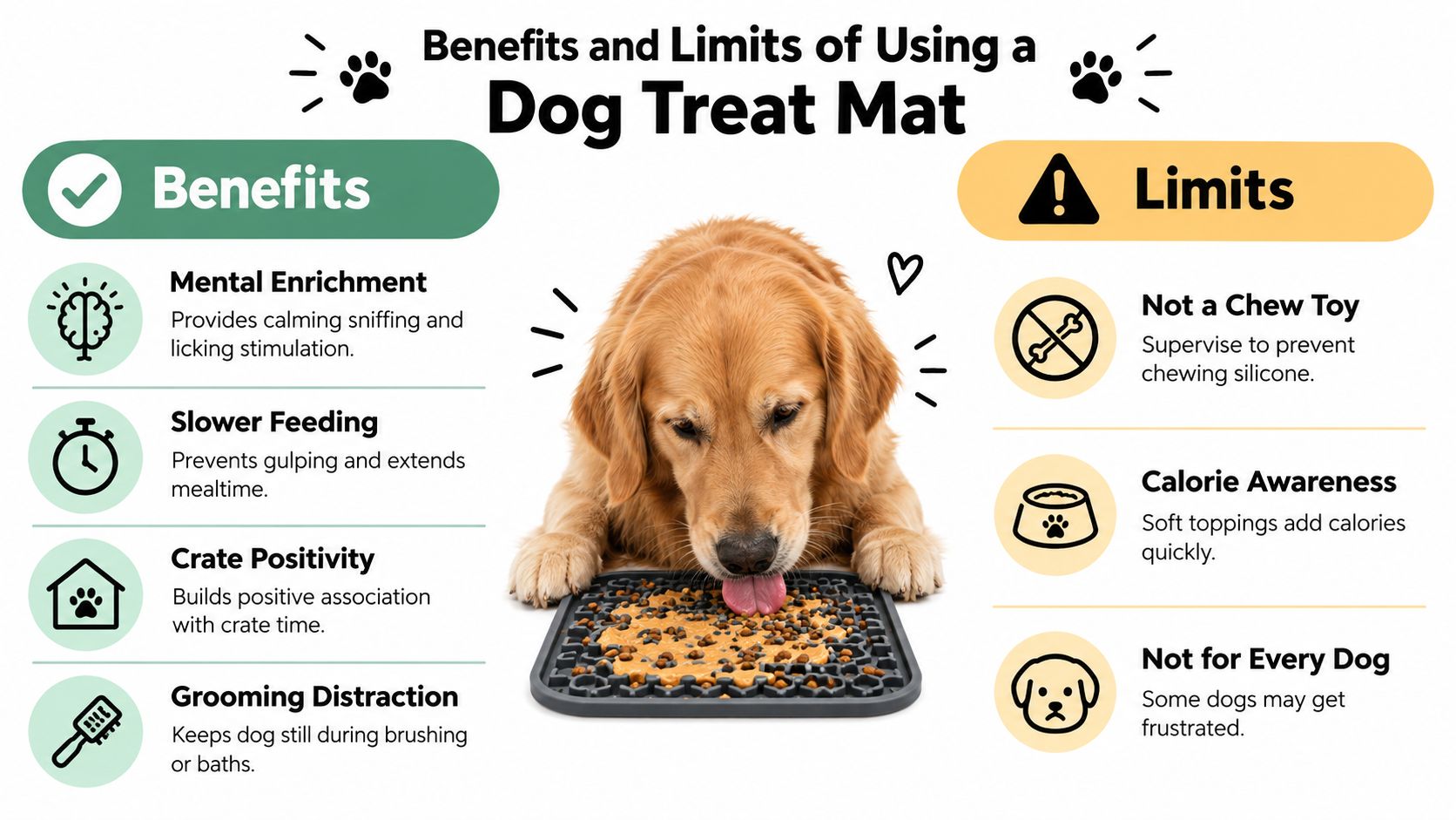 A golden retriever dog licking food off a grey square silicone dog treat mat with textured patterns.