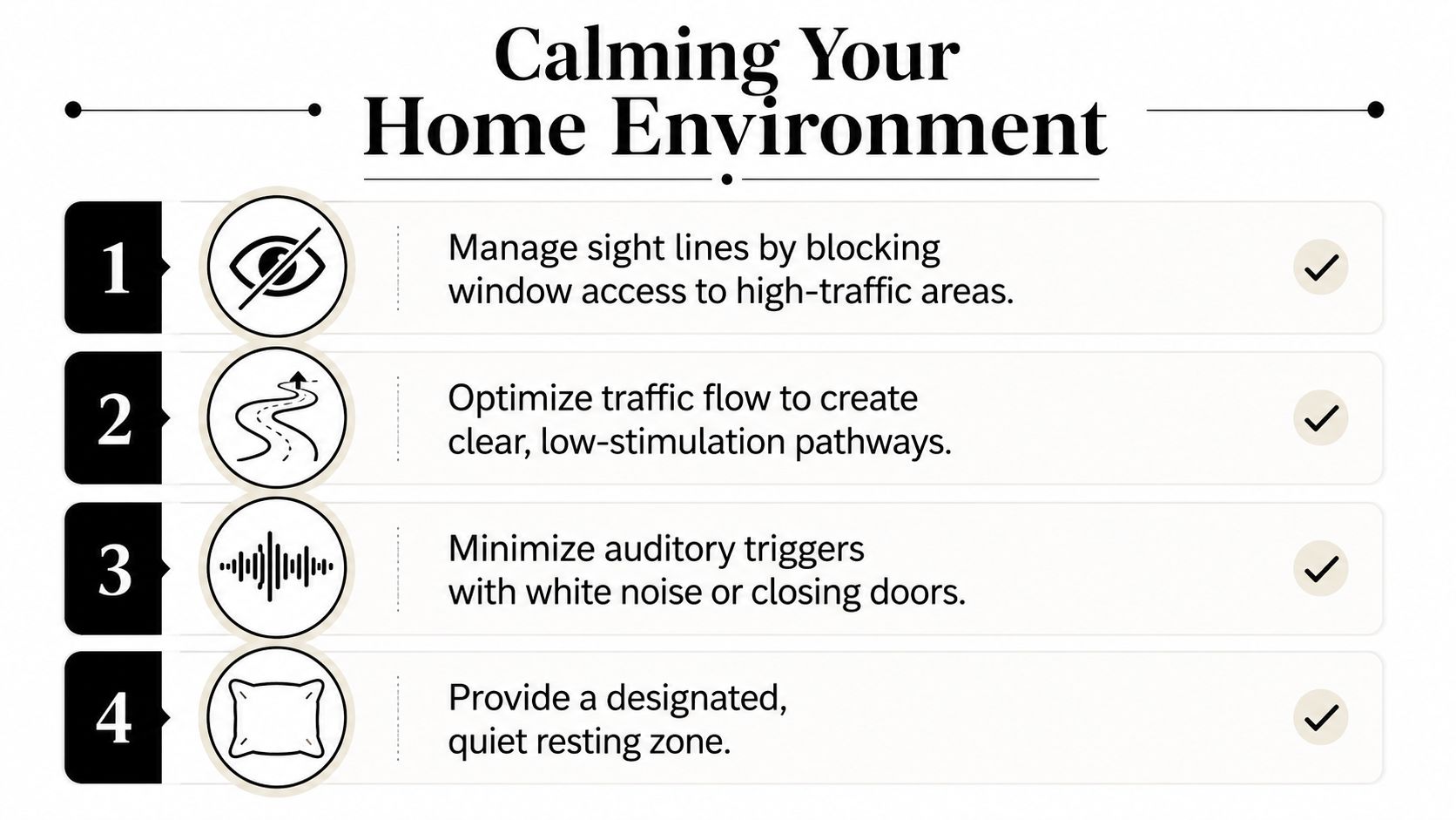 A four-step infographic showing how to create a calming home environment for a hyperactive dog.