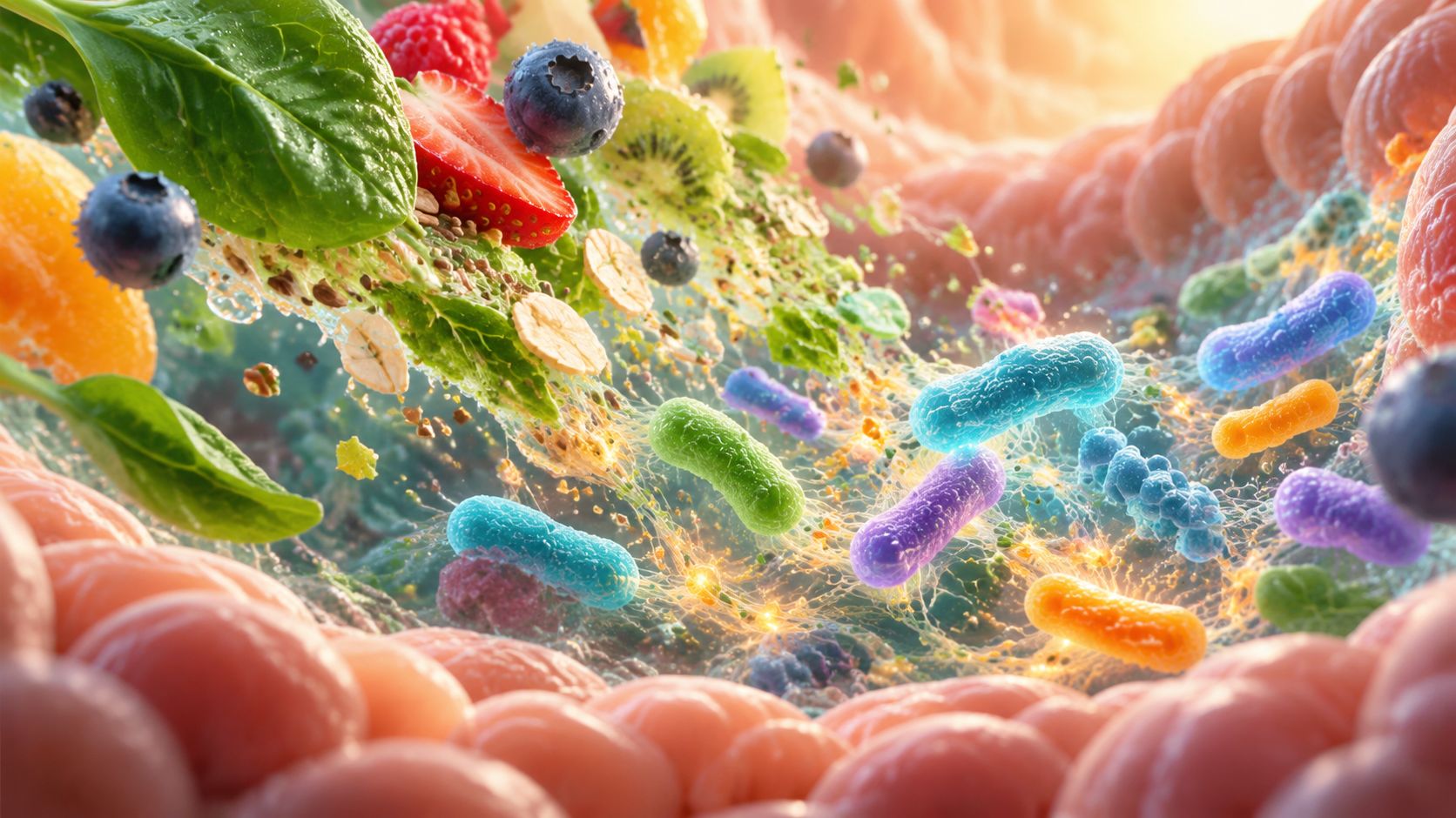 A microscopic view of the human gut showing prebiotic foods and diverse probiotic bacteria interacting together.