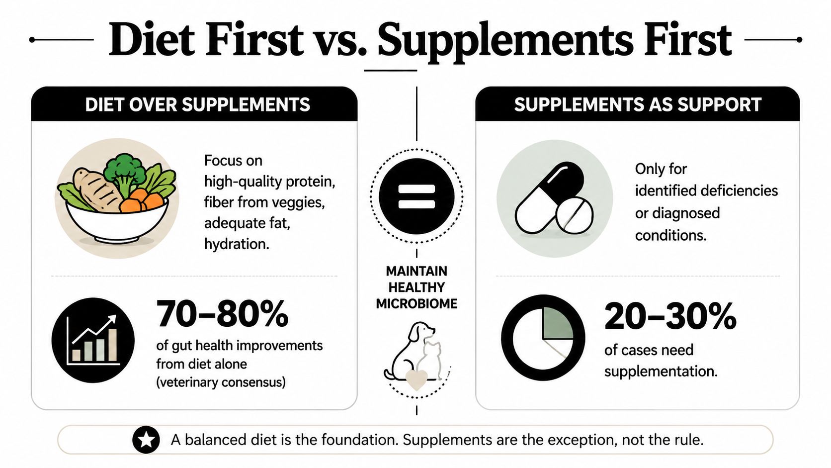 An infographic comparing diet and supplements for canine gut health, emphasizing diet as the primary foundation.