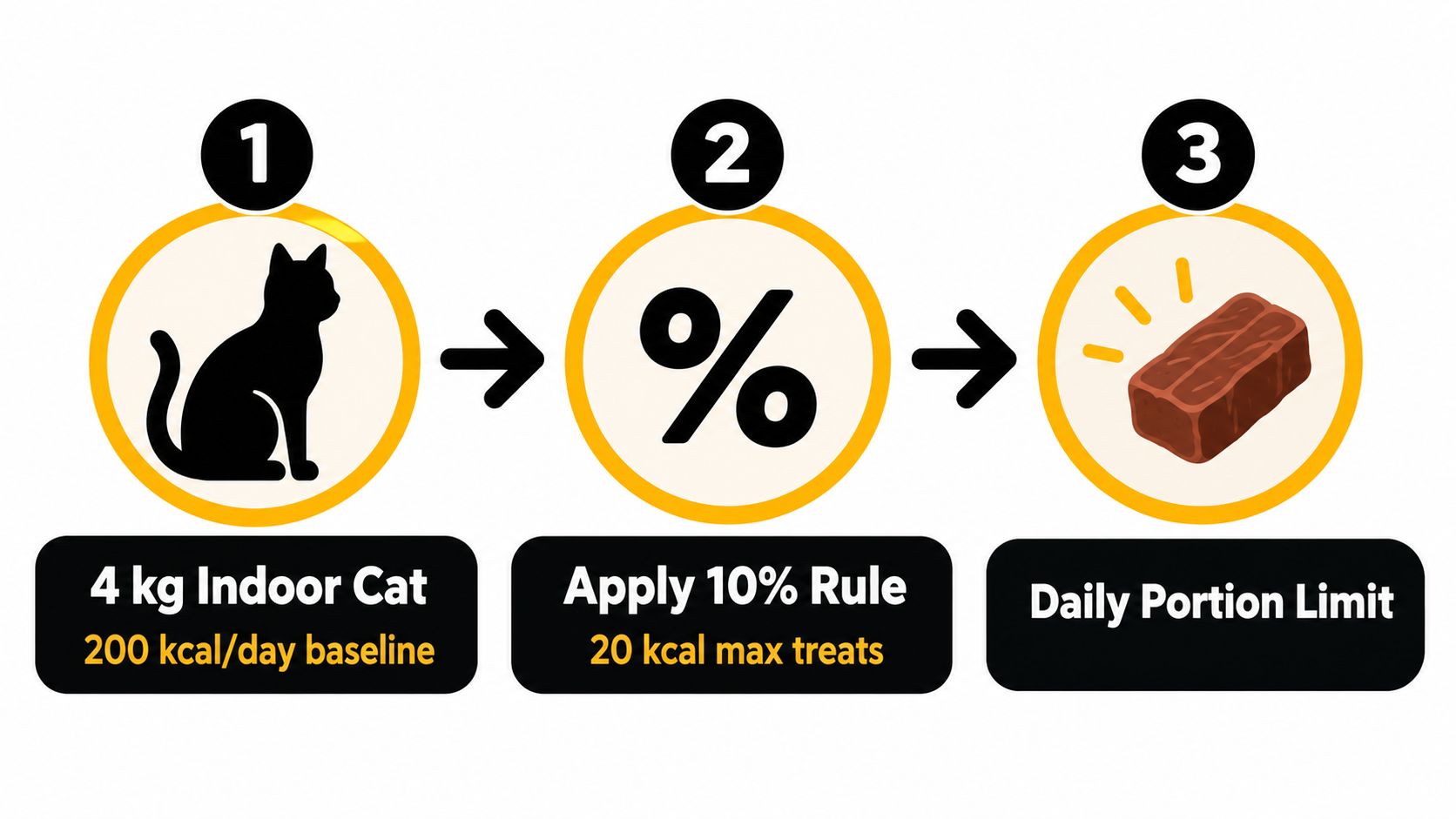 A three-step infographic showing how to calculate daily treat portions for a 4 kg indoor cat.