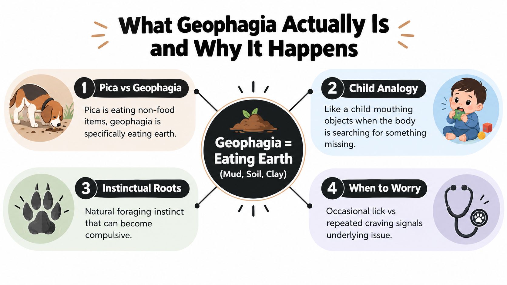 An infographic explaining geophagia in dogs, defining it as eating earth, soil, or clay, and why it occurs.