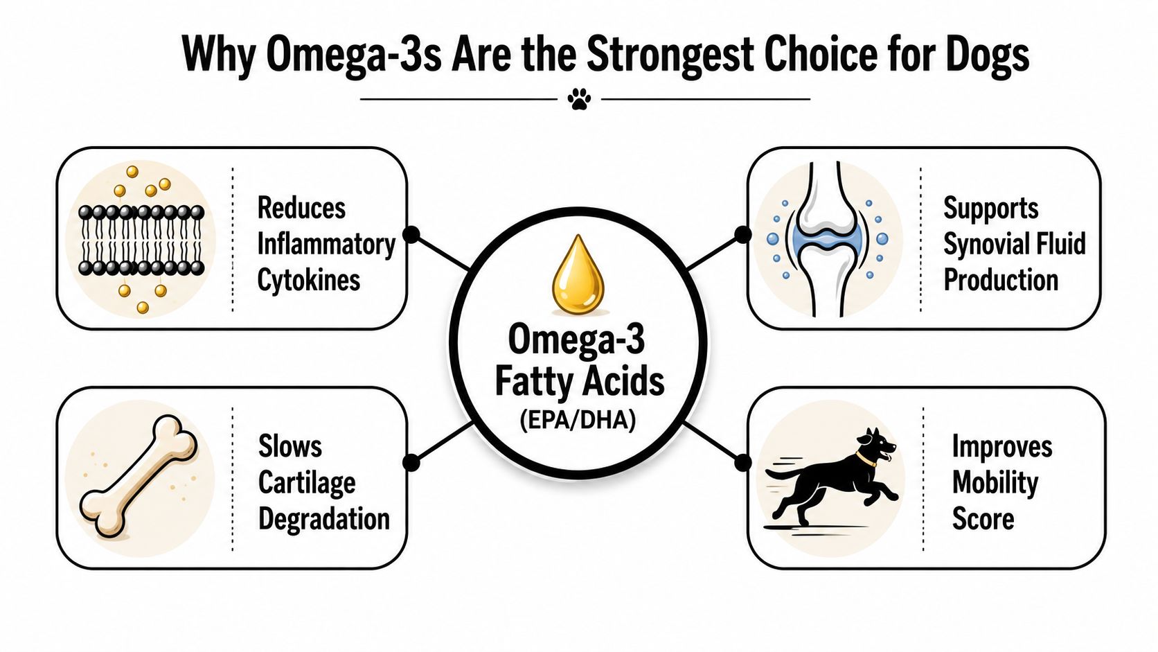 A diagram illustrating how Omega-3 fatty acids benefit dog joint health by reducing inflammation and improving mobility.