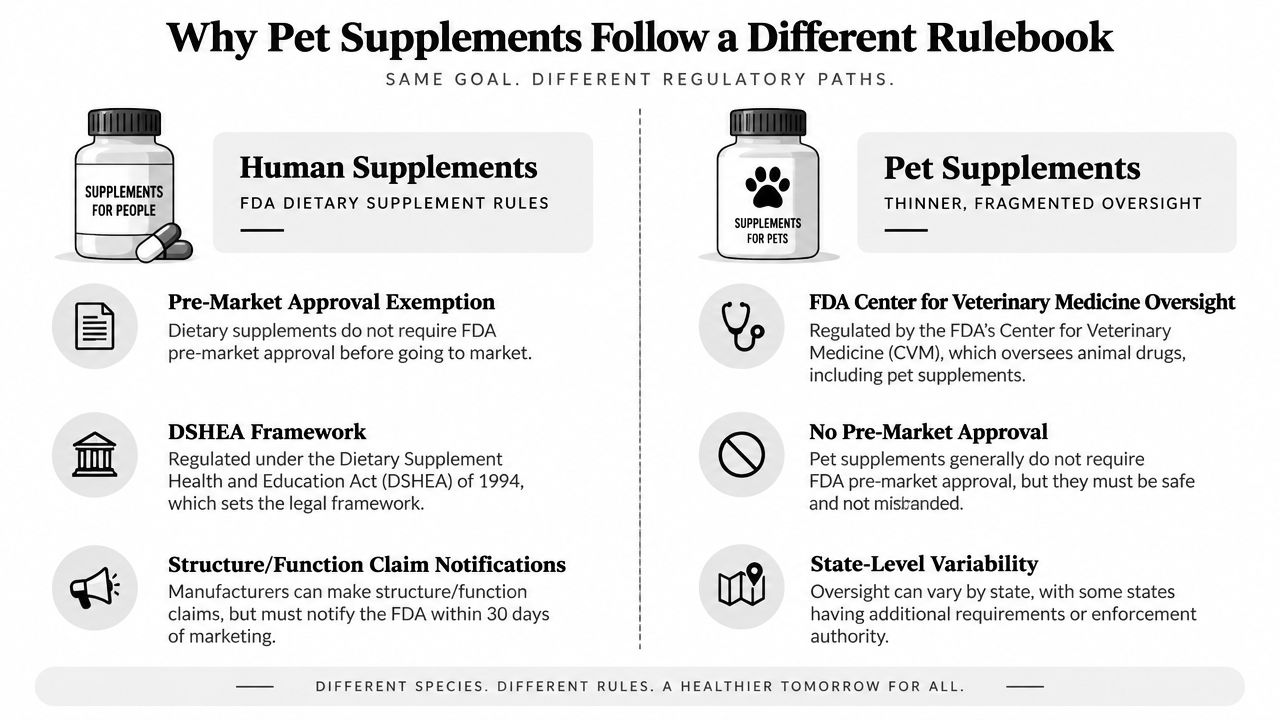 An infographic comparing the regulatory differences between human dietary supplements and pet supplements in the United States.