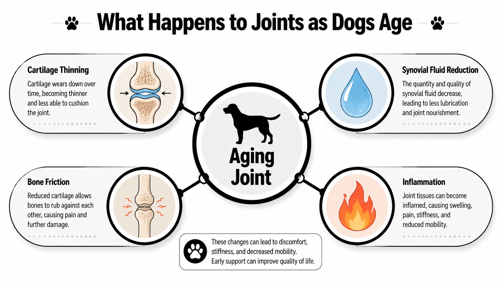 An infographic detailing four primary joint issues in aging dogs: cartilage thinning, synovial fluid reduction, bone friction, and inflammation.