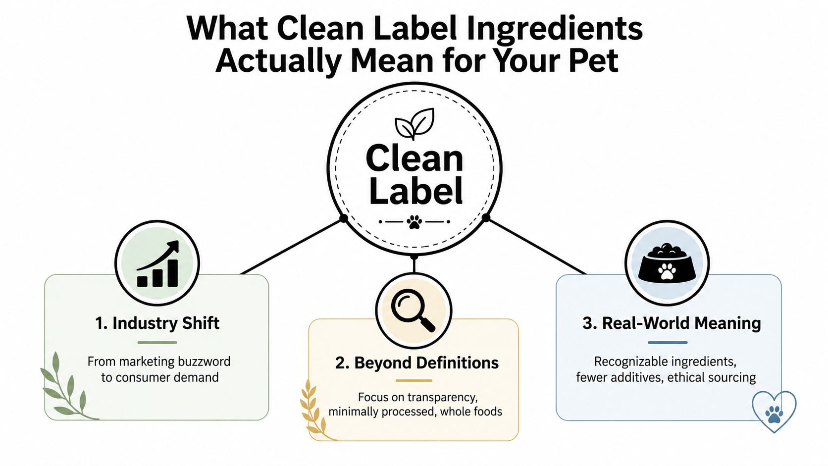 An infographic explaining the meaning of clean label ingredients in pet food for conscious pet owners.
