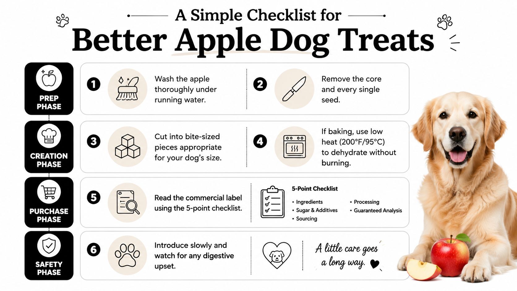 A helpful infographic checklist for preparing safe apple dog treats for your pet, featuring step-by-step instructions.